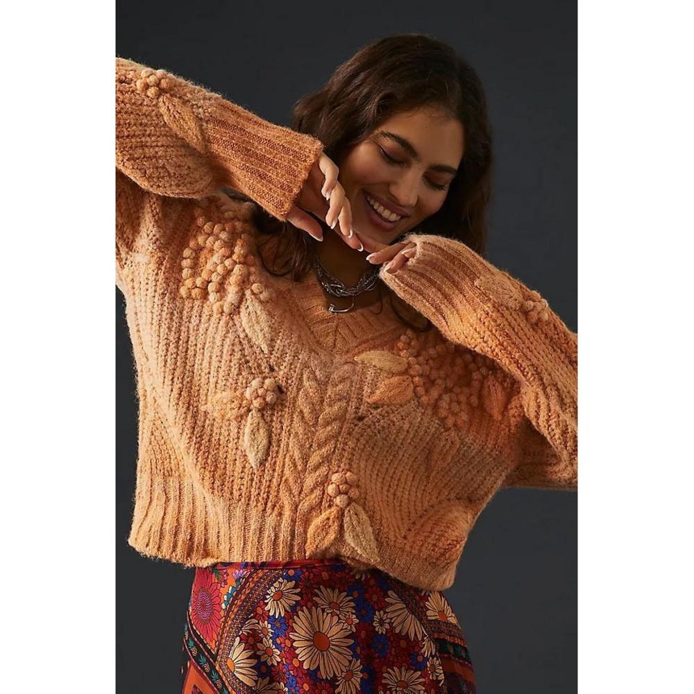Anthropologie V-Neck Sweater Women M Orange Embroidered Cable Knit Chunky Boho